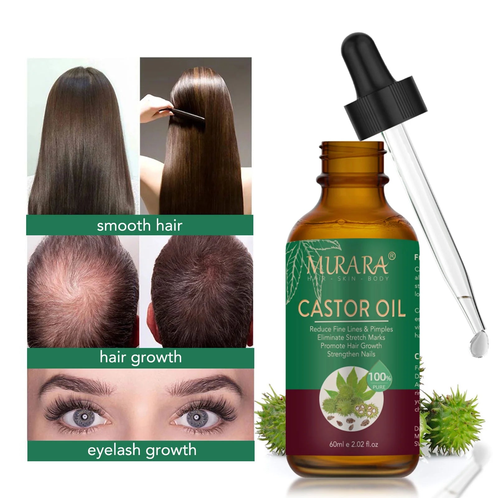 Murara Organic Castor Oil for Hair Care,Fade Fine Lines and Wrinkles, Pure Cold Pressed Castor Oil for Hair,Eyelashs,Eyebrows,Face and Skin Care