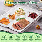 100 Pack Disposable Compartment Paper Plates, 100% Compostable 5 Compartment Pla
