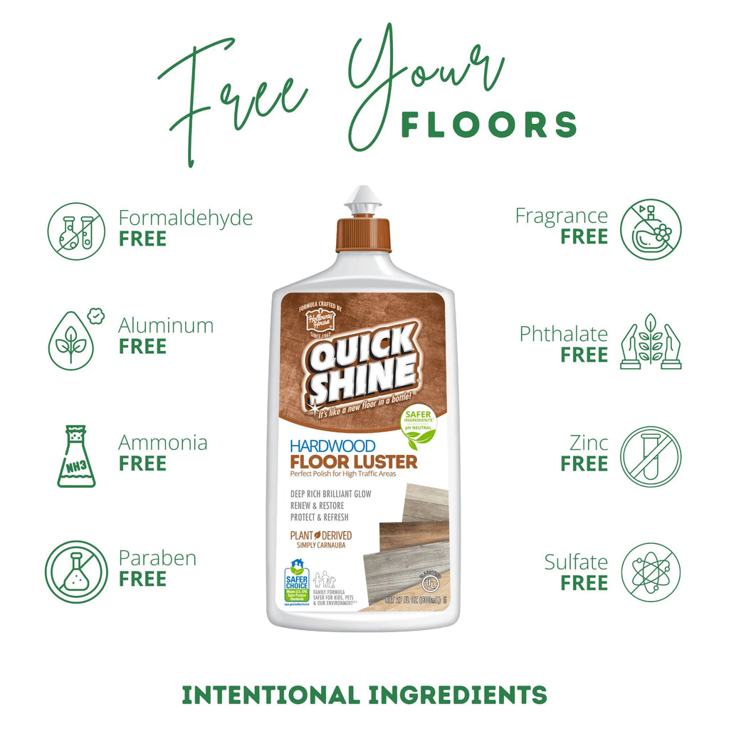 Quick Shine Hardwood Floor Luster, Pfas-Free Formula Floor Polish with Plant-Derived Carnauba 27Oz