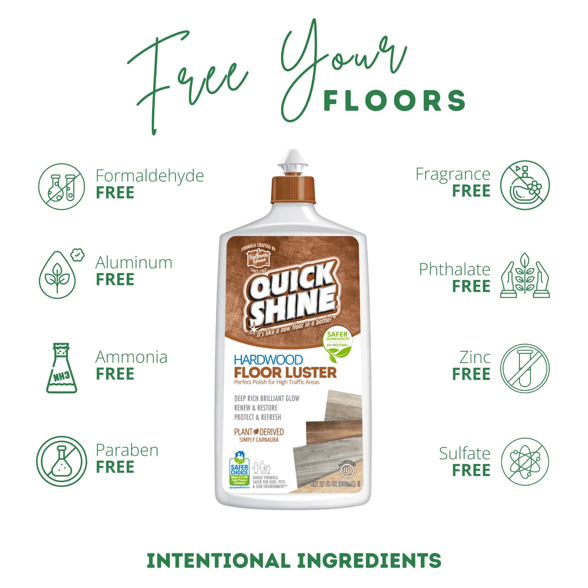 Quick Shine Hardwood Floor Luster, Pfas-Free Formula Floor Polish with Plant-Derived Carnauba 27Oz