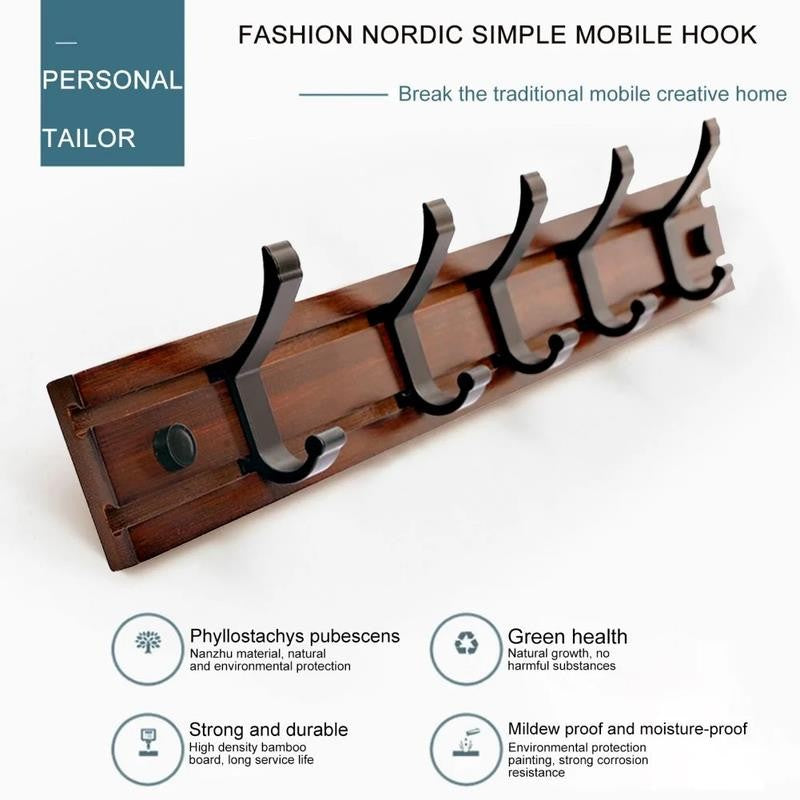 Coat Rack Wall Mount with Movable 5 Metal Hooks, Wooden Coat Rack Farmhouse Coat