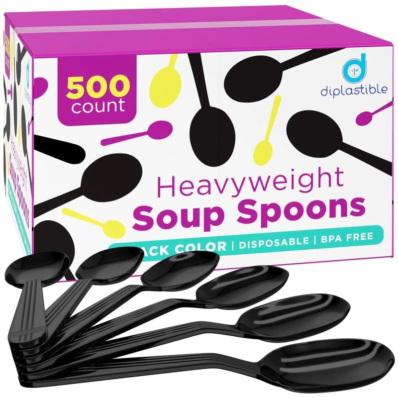 Black Plastic Spoons Heavy Duty - 500 Pack Disposable Soup Spoons - Plastic Cutl