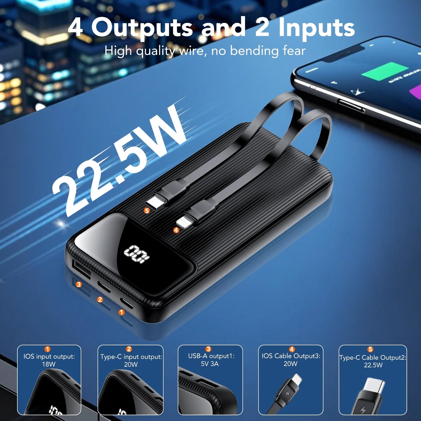 10,000Mah Portable Charger with Built-In Cables,22.5W Fast Portable Charger Powe