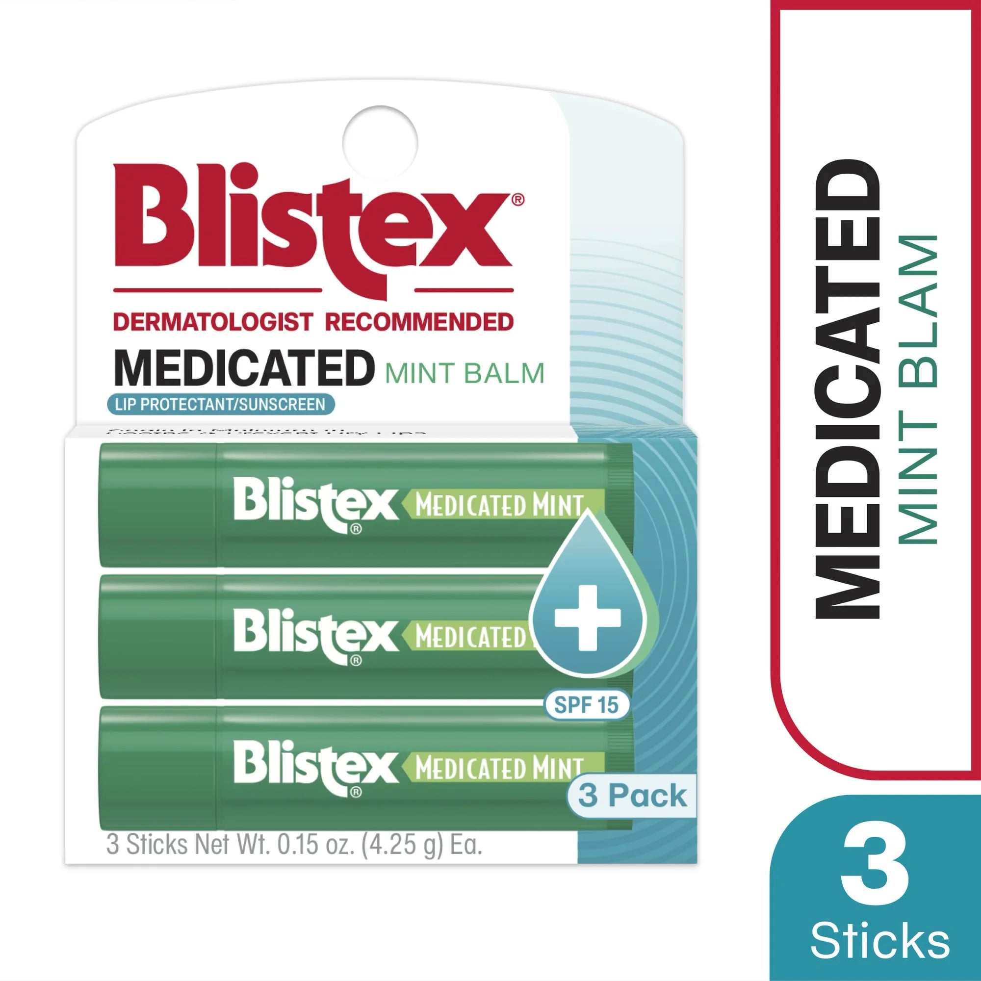 Blistex Medicated Mint Lip Balm - Advanced Protection for Dry, Chapped Lips - 3 Count, 0.15Oz Ea