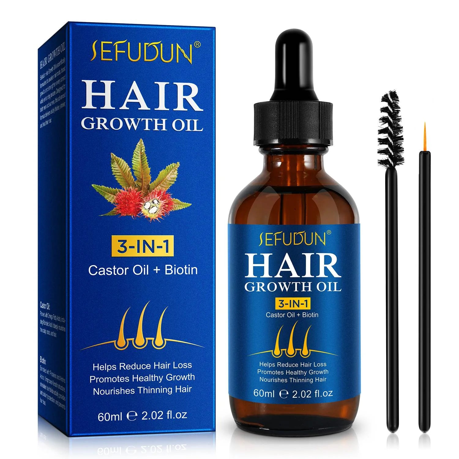 3 in 1 Hair Care Oil with Castor Oil for Healthier Hair, Nourishes Thinning Hair, No Chemicals, Formulated for Hair Health, Women & Men, All Hair Types, 2.02 Fl Oz
