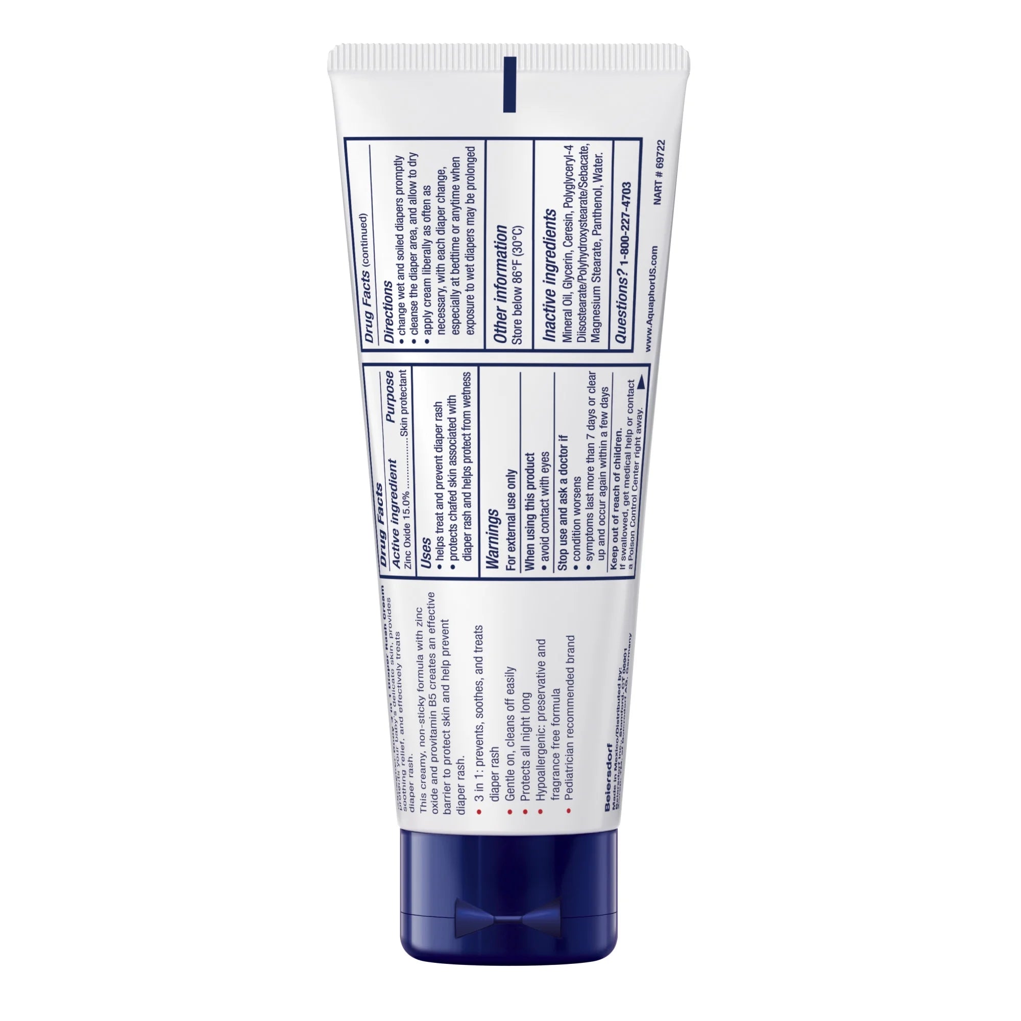 Aquaphor Baby Diaper Rash Cream with Zinc Oxide, Hypoallergenic, Paraben and Fragrance Free, 3.5 Oz