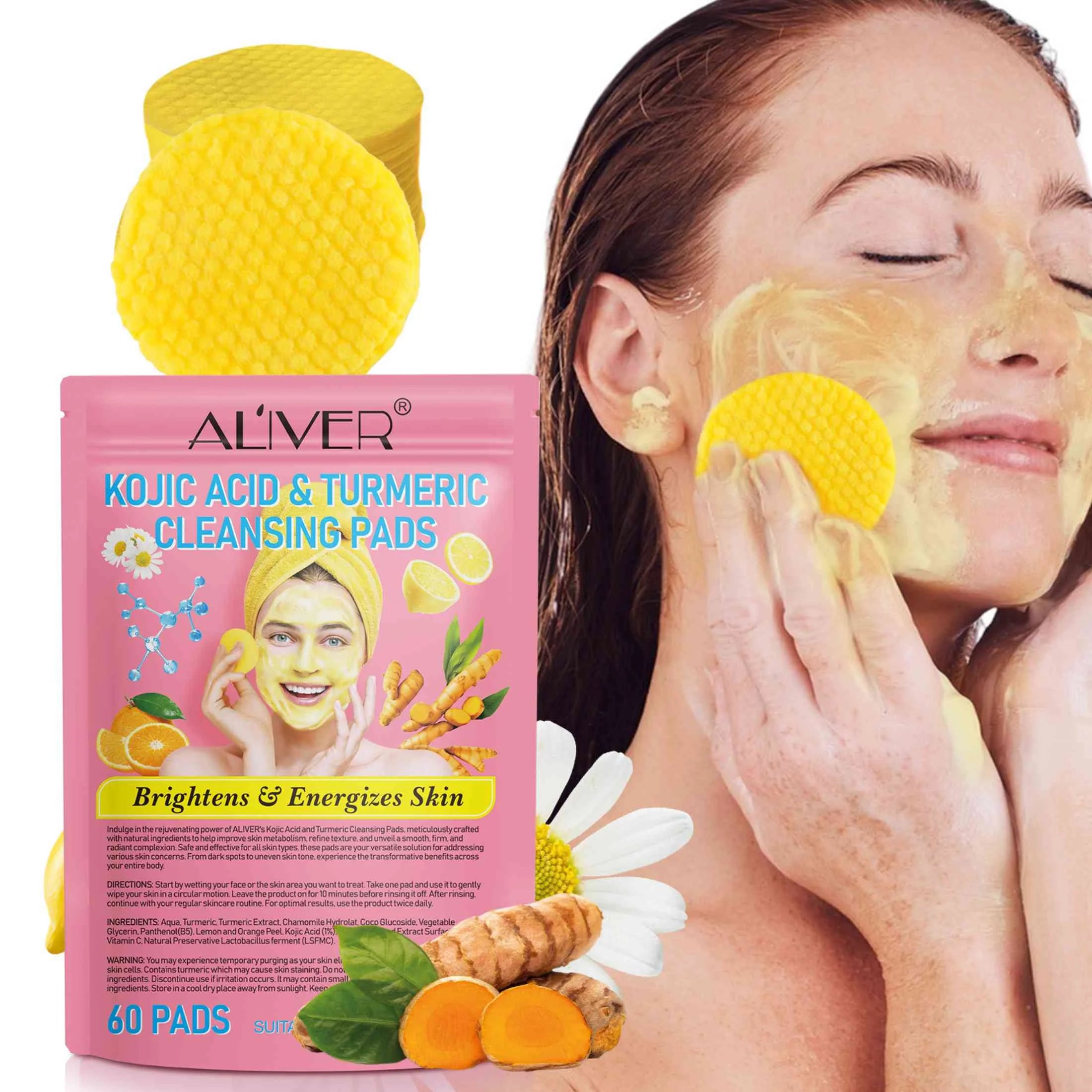 60PCS Turmeric Kojic Acid Cleansing Pads, Face Skin Care, Remove Oil, Exfoliation,For All Skin Type.