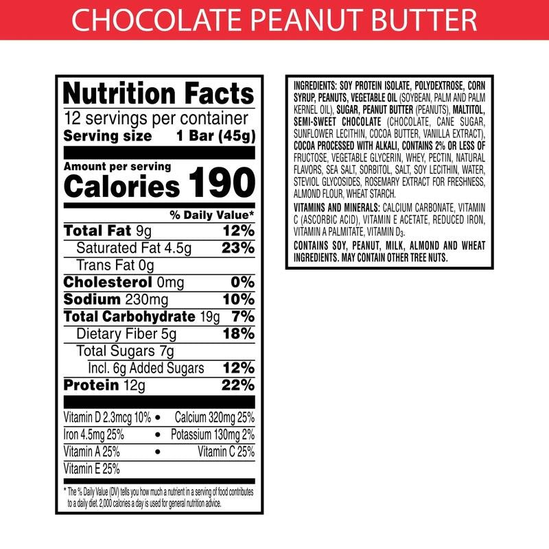 Chocolate Peanut Butter Chewy Protein Meal Bars, 12G Protein Snacks, 19 Oz, 12 C