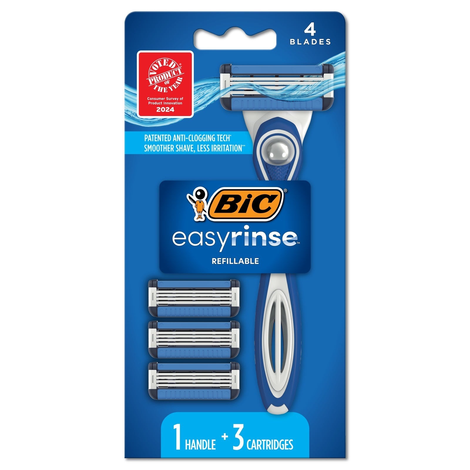 Easyrinse Anti-Clogging Men'S 4-Blade Refillable Manual Razors with 3 Cartridges