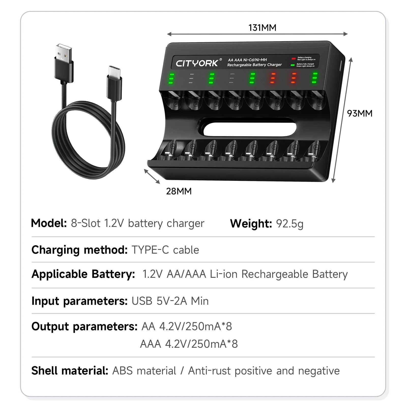 CITYORK 8 Bay Rechargeable Battery Charger with Charging Alert Display，Fast Charging for 1.2V AA AAA Nimh Nicd Rechargeable Batteries with USB Cable