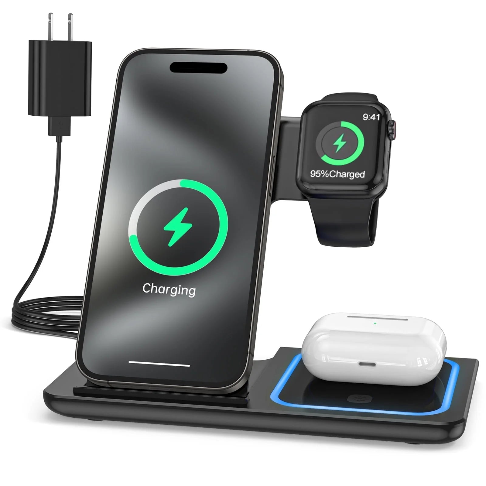 Wireless Charger, 3 in 1 Wireless Charging Station, Fast Charging Dock for Iphone 15/14/13/12/11/Pro/Xs/Sr/X/Se/Galaxy, 15W Wireless Charger Stand for Apple Watch Series 8/7/6/5/4/3/2/Airpods