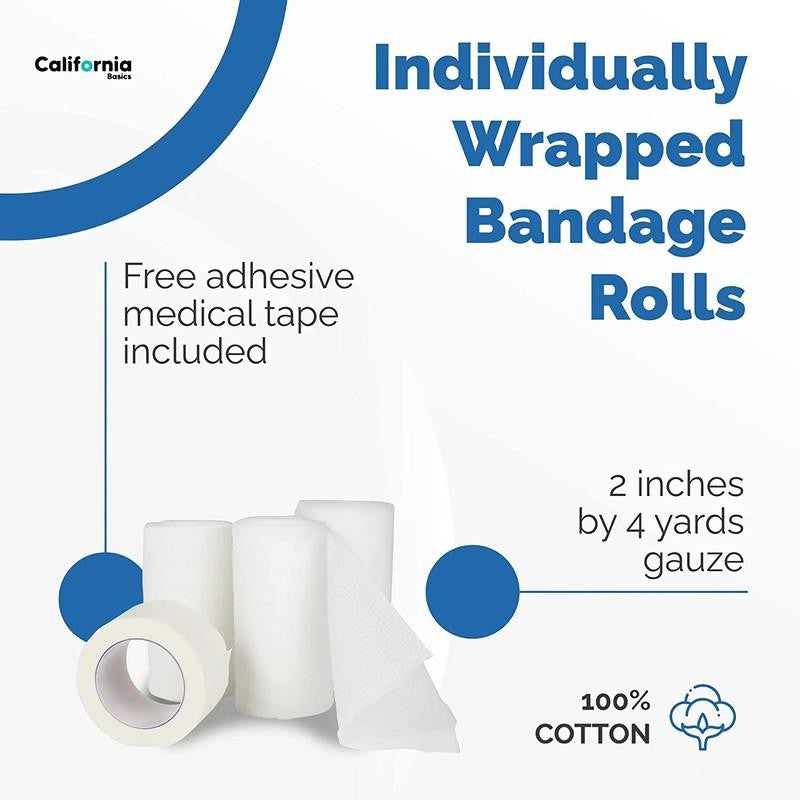 2" X 4 Yd Gauze Bandage Rolls with Medical Tape, Rolled Gauze Wrap - White Gauze