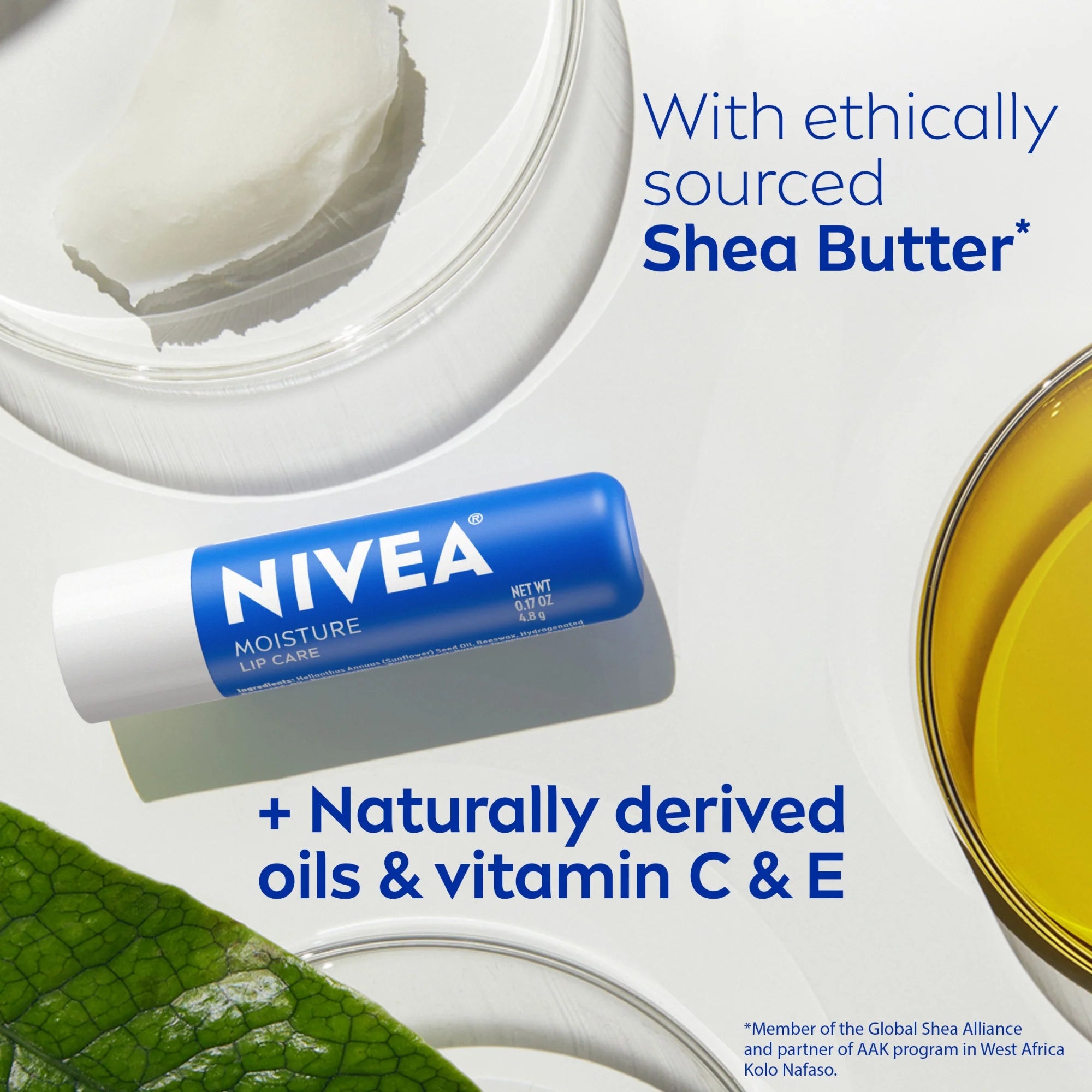 NIVEA Moisture Lip Care, Hydrating Lip Balm with Shea Butter, Vitamin C & E, 0.17 Oz, 2 Pack