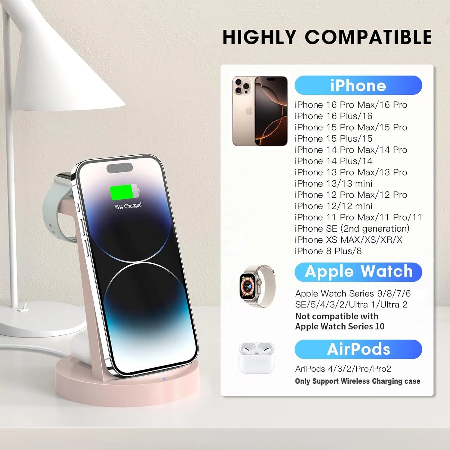 ETEPEHI Wireless Charging Station: 3 in 1 Wireless Charger Compatible for Iphone Iwatch Airpods -Pink