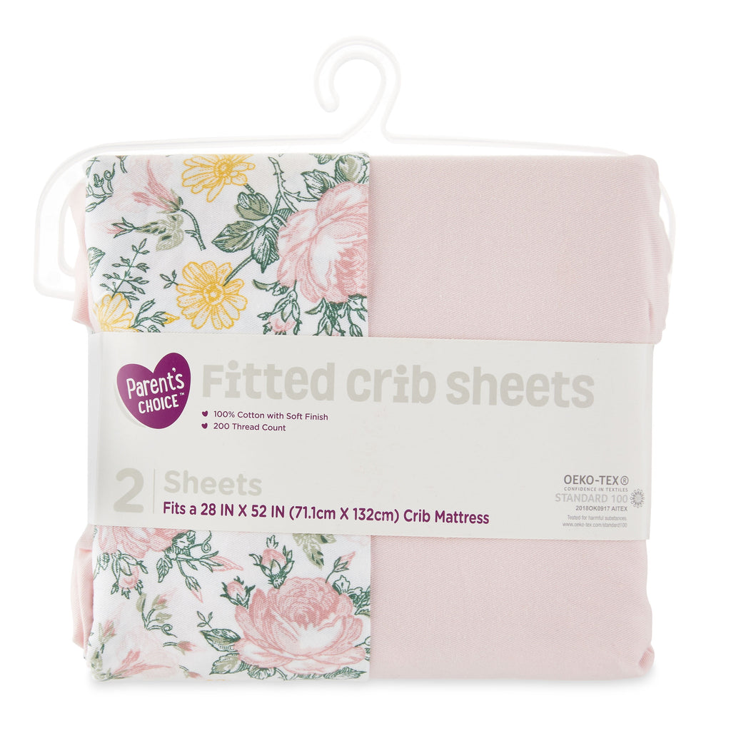 Parent'S Choice 100% Cotton Fitted Crib Sheets for Baby Girls, Pink Floral, 2-Pack, Crib Bed