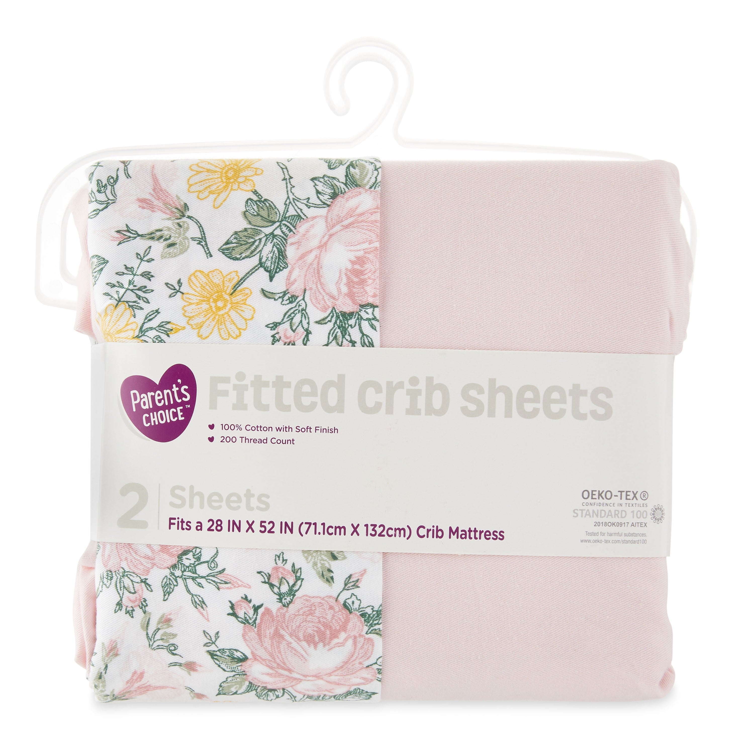 Parent'S Choice 100% Cotton Fitted Crib Sheets for Baby Girls, Pink Floral, 2-Pack, Crib Bed