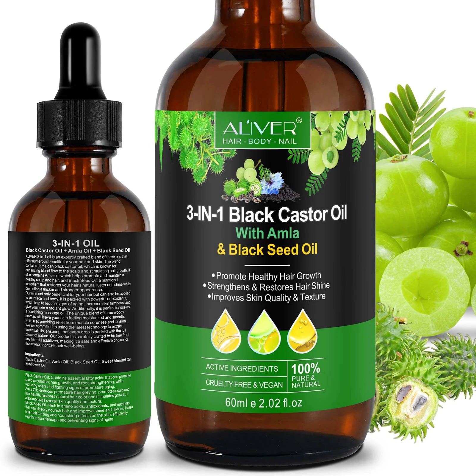 3-IN-1 Black Castor Oil with Amla & Black Seed Oil, 100% Pure & Natural, Hair Care & Skin Care, Organic Cold-Pressed, Cruelty-Free & Vegan, 2.02 Fl Oz