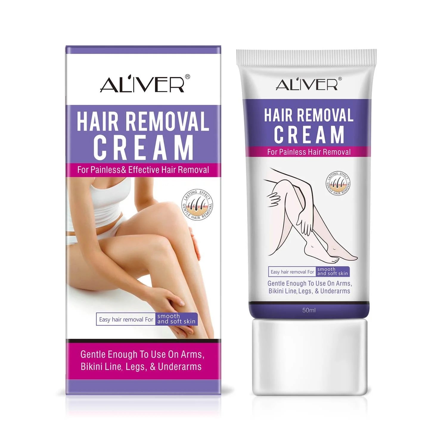 Aliver Hair Removal Cream for Underarms, Intimate Areas, Arms & Legs, Moisturizing with Aloe Vera, 1.76 Oz