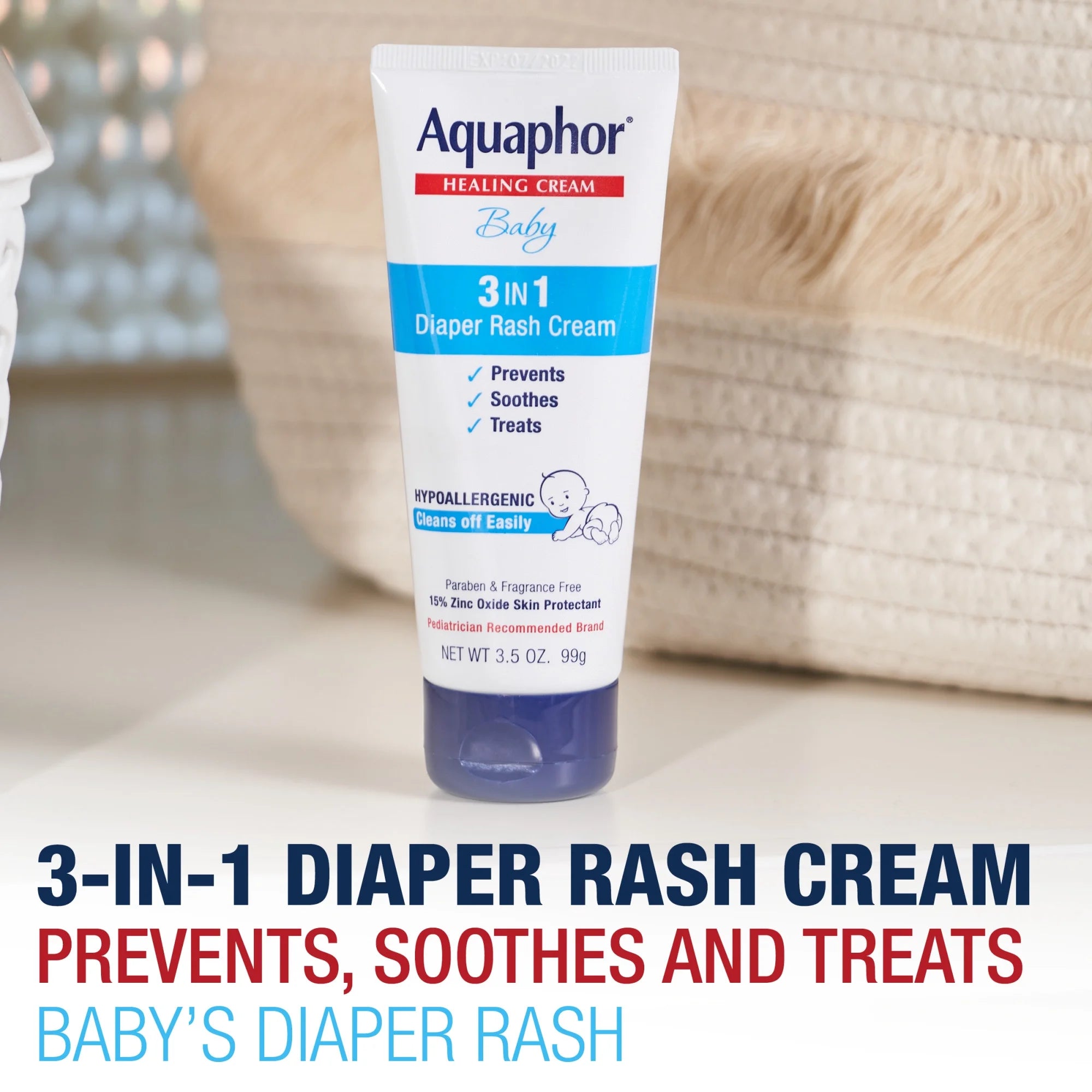Aquaphor Baby Diaper Rash Cream with Zinc Oxide, Hypoallergenic, Paraben and Fragrance Free, 3.5 Oz