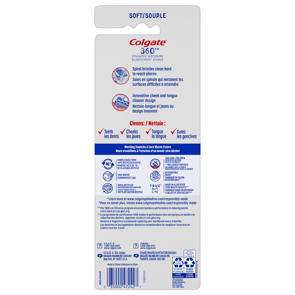 360 Advanced Whitening Soft Toothbrush Pack, 4 Count