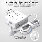 6 Ft Extension Cord Power Strip with 4 USB Ports Widely Surge Protector Outlets