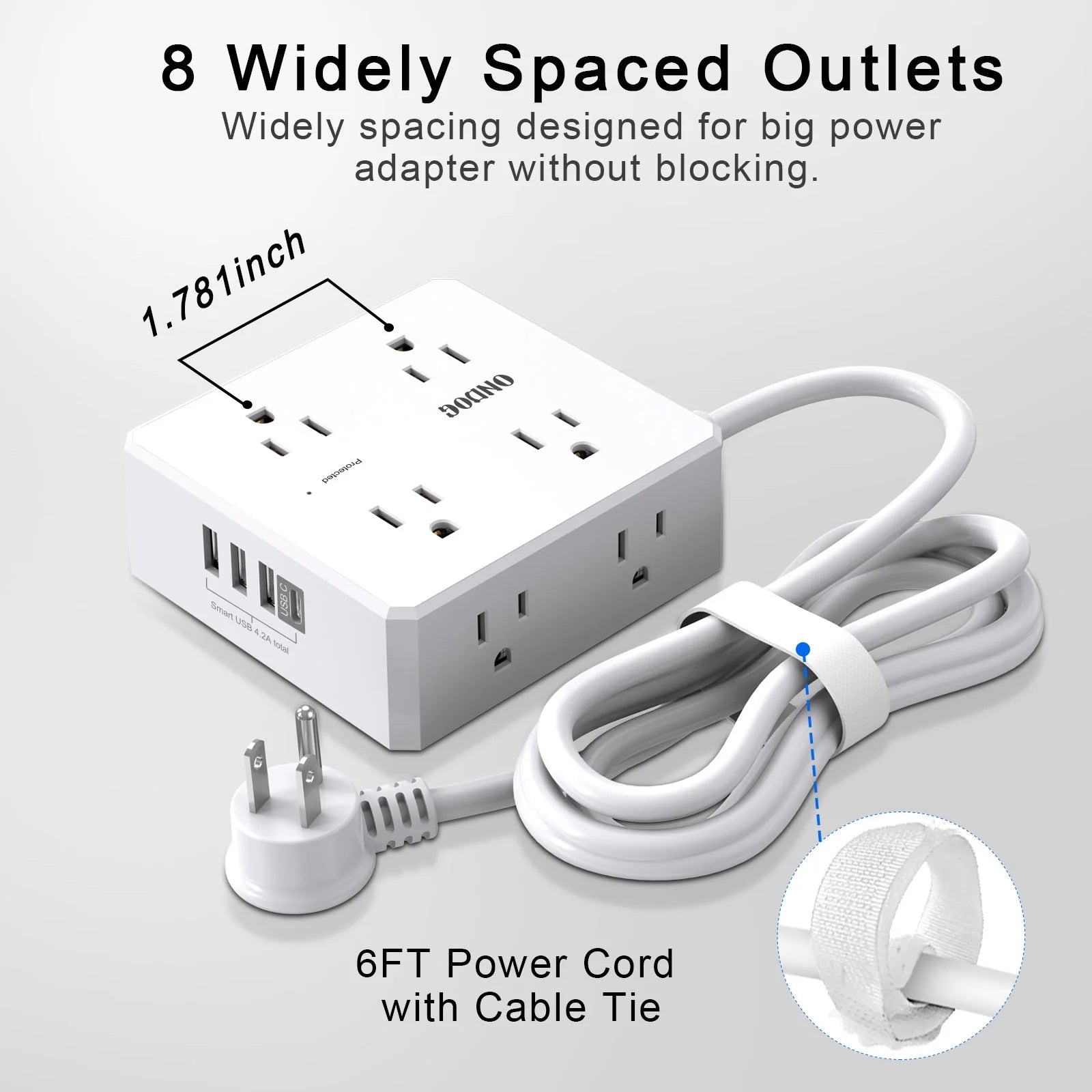 6 Ft Extension Cord Power Strip with 4 USB Ports Widely Surge Protector Outlets