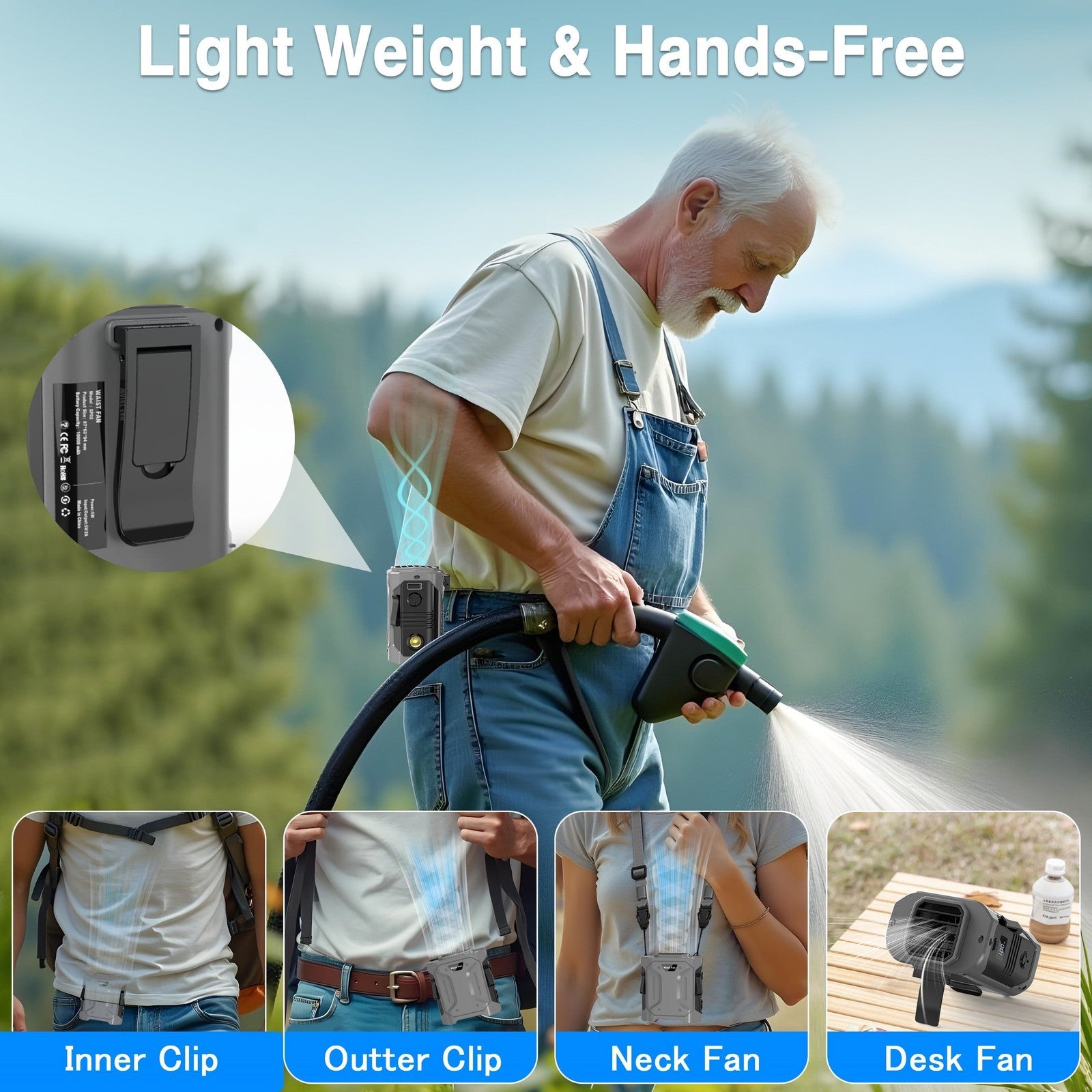 8000Mah Portable Waist Fan Clip with LED Display & SOS Flashlight, 5-Speed Hands