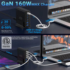 160W Gan Charger Hub: 4 USB-C + 2 USB-A Ports, 100W PD Fast Charging for Laptop/Phone/Tablet
