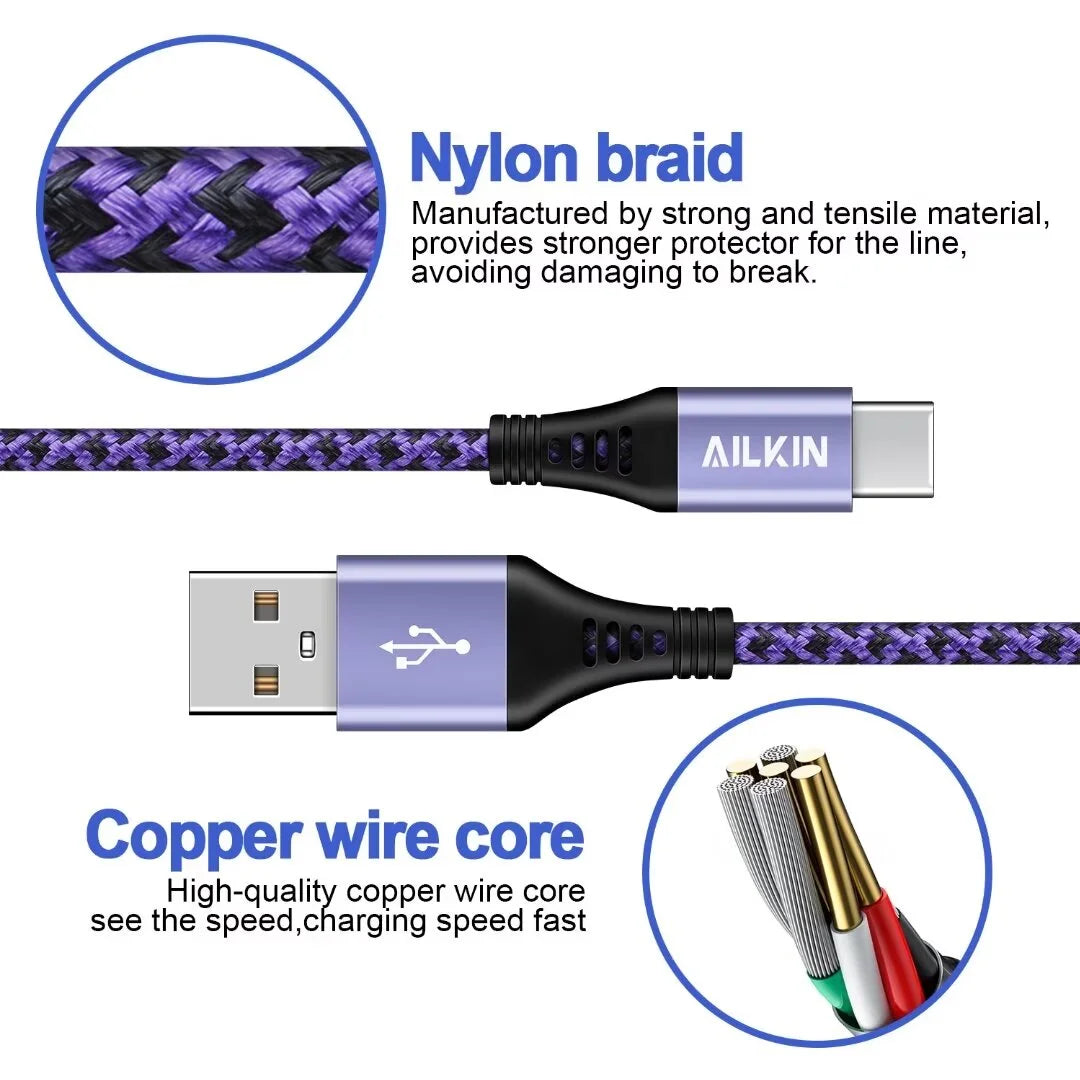 Type C Charger,Fast Charging Block Type C,AILKIN 3PACK Usb Charger Block Plug Adapter 3PCS Usb C Charging Cable 6Ft Usb a to Usb C Cable High Speed Phone Charger Cord Android Fast Charger Block