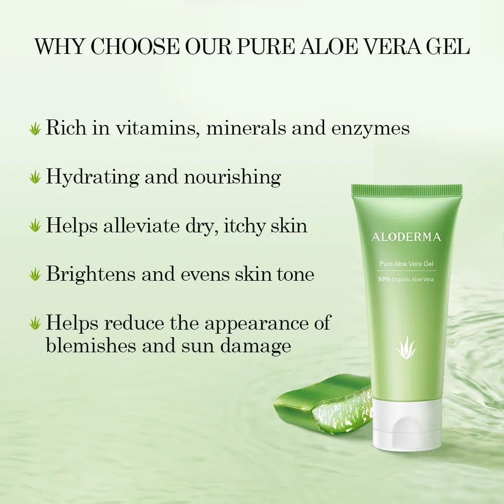 Aloderma 99% Organic Aloe Vera Gel, Made within 12 Hours of Harvest (1.5 Oz), No Sticky Residue - No Powder Concentrates or Water, Eco-Friendly, Travel Size, Aloe Vera Gel for Skin & after Sun Relief