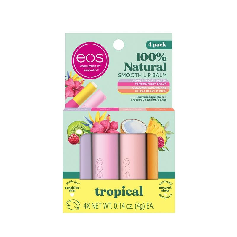 100% Natural Lip Balm- Tropical Variety Pack, 0.14 Oz, Pack of 4