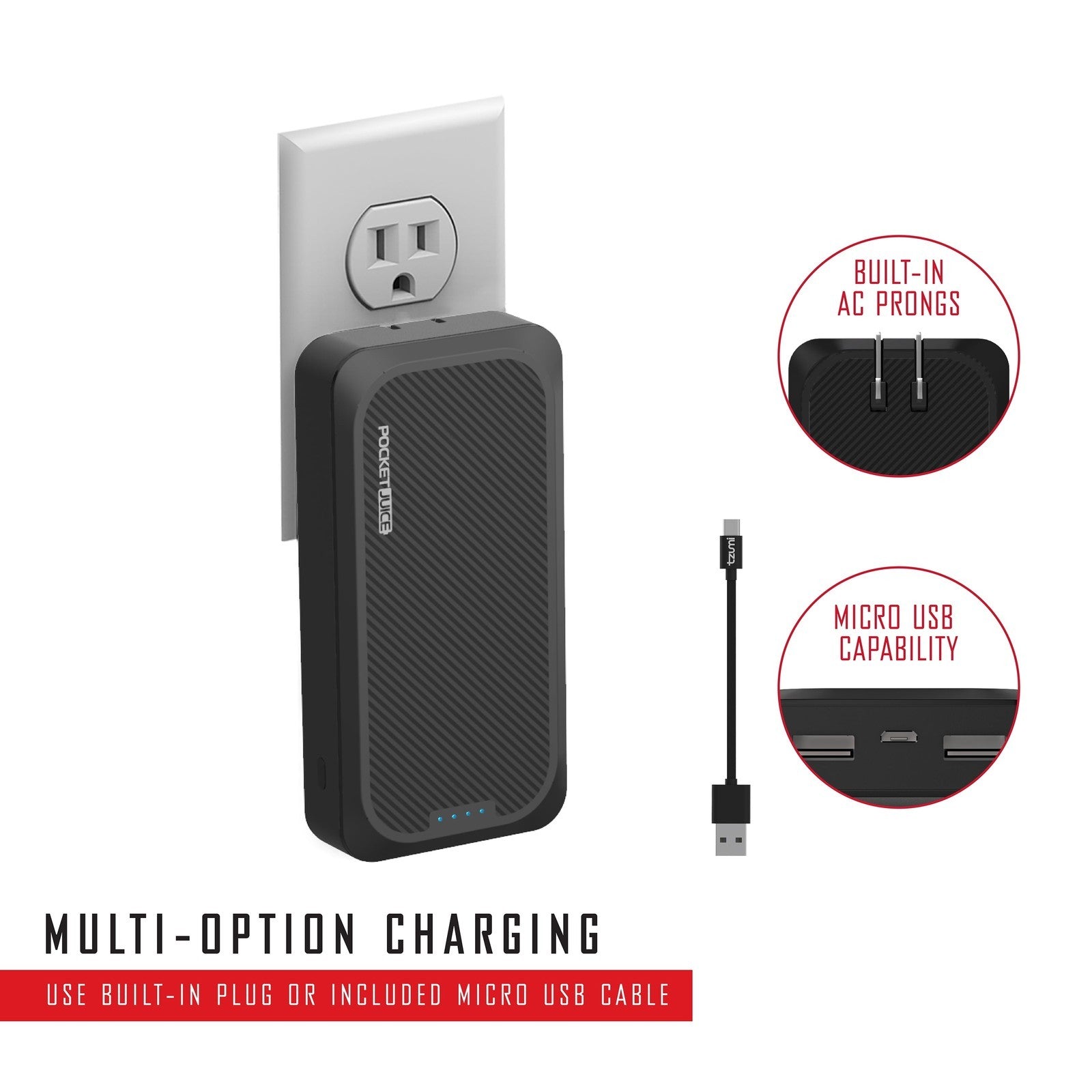 Endurance AC 10,000Mah, Portable Power Bank Charger with Built-In Wall Plug, Bla