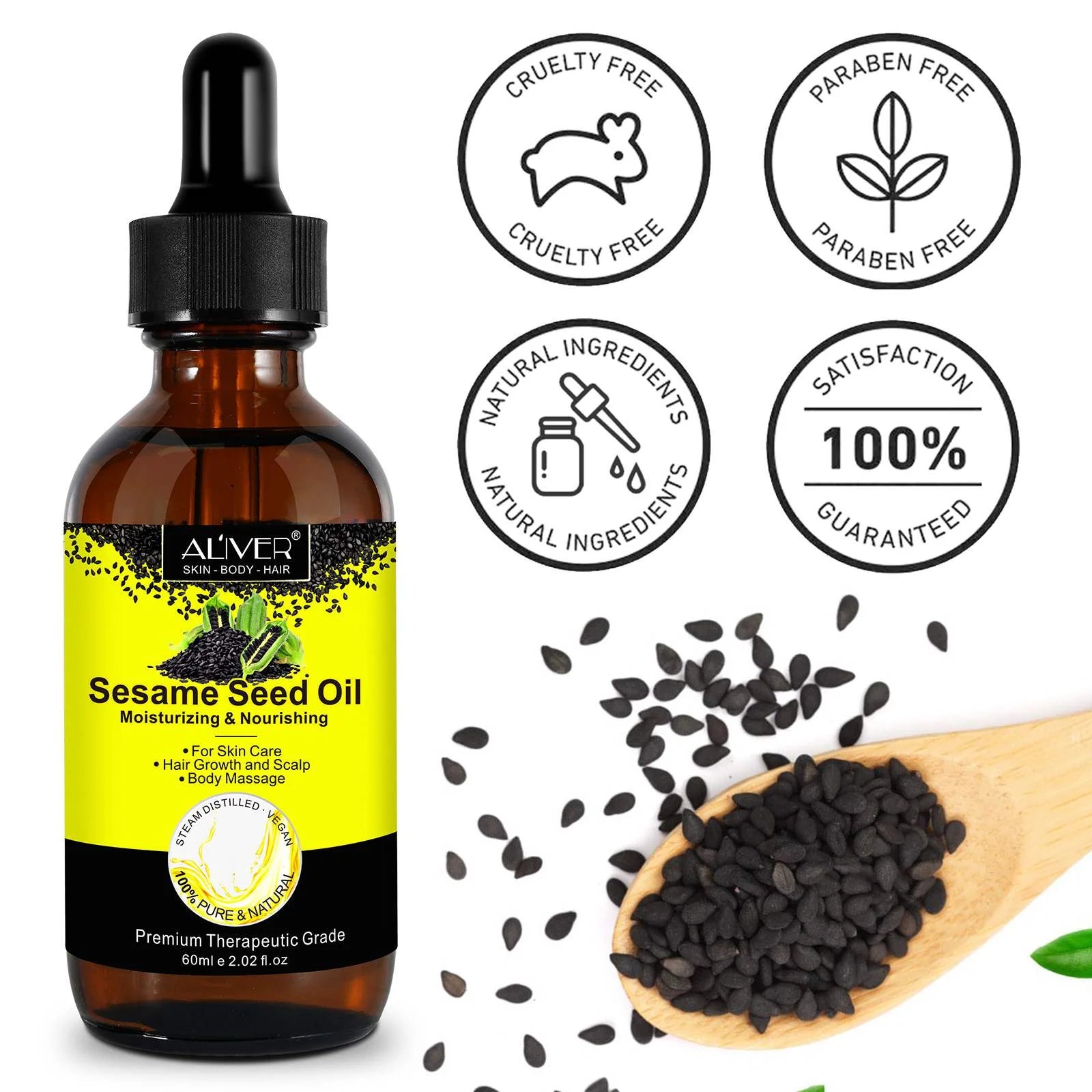 ALIVER Sesame Seed Oil for Face, Skin, Body, Hair, Massage, Moisturizing & Nourishing, 100% Pure & Natural, Cold Pressed, Cruelty Free, 2.02 Fl Oz