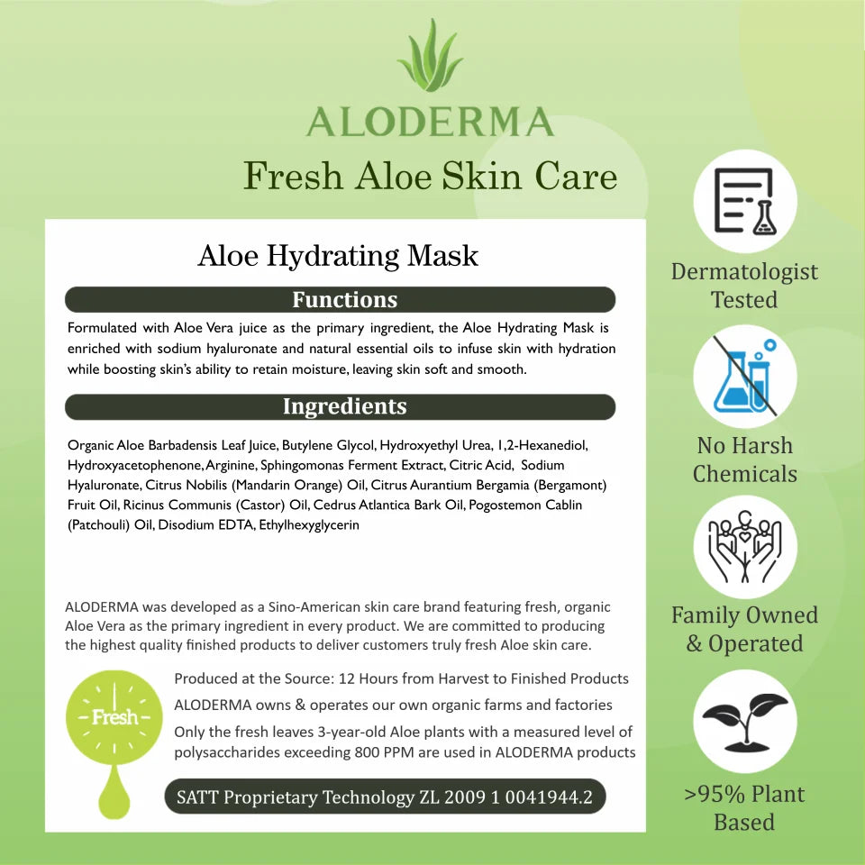 Aloderma Hydrating Sheet Face Masks with 87% Organic Aloe Vera - 5 Pack Moisturizing Facial Masks with Hyaluronic Acid & Bergamot Oil for Nourished, Radiant Skin - Aloe Vera Natural Skincare