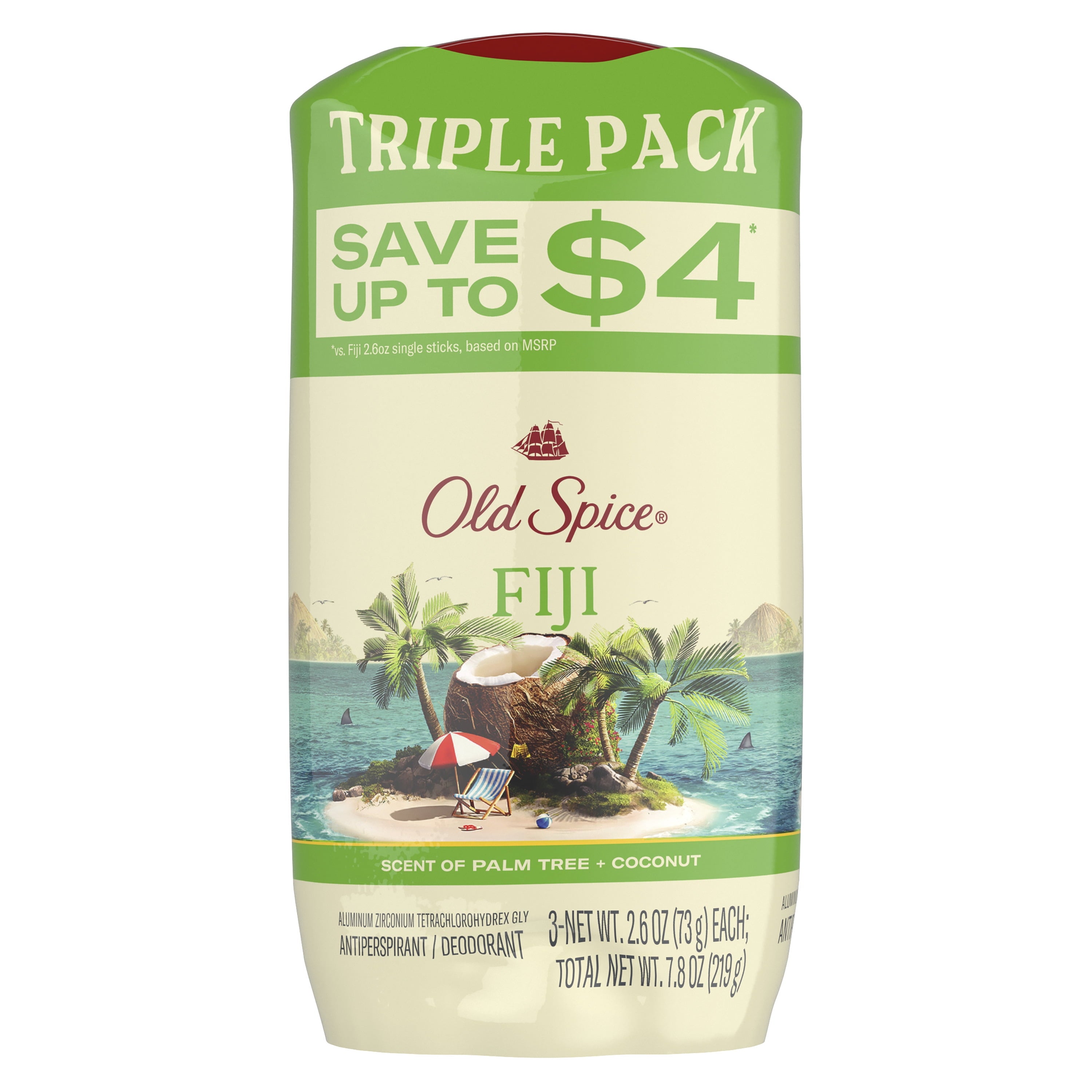 Antiperspirant Deodorant for Men in Fiji with Palm Tree, Triple Pack, 24/7 Lasting Freshness and Sweat Protection, 3X2.6Oz
