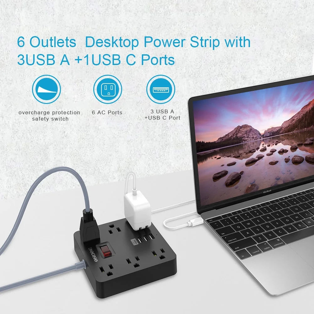 5Ft Extension Cord - 6 AC Outlets and 4 USB Charging Ports, Power Strip for Home