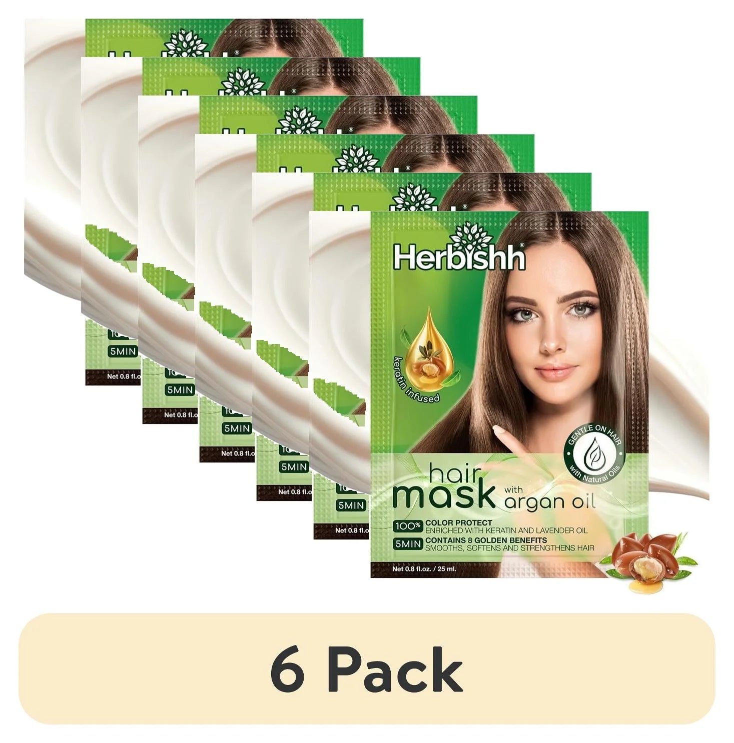 (6 Pack)  Argan Hair Mask with Keratin for Deep Conditioning & Hydration, Revives Frizzy & Damaged Hair, Sulfate & Paraben Free, 25 Ml