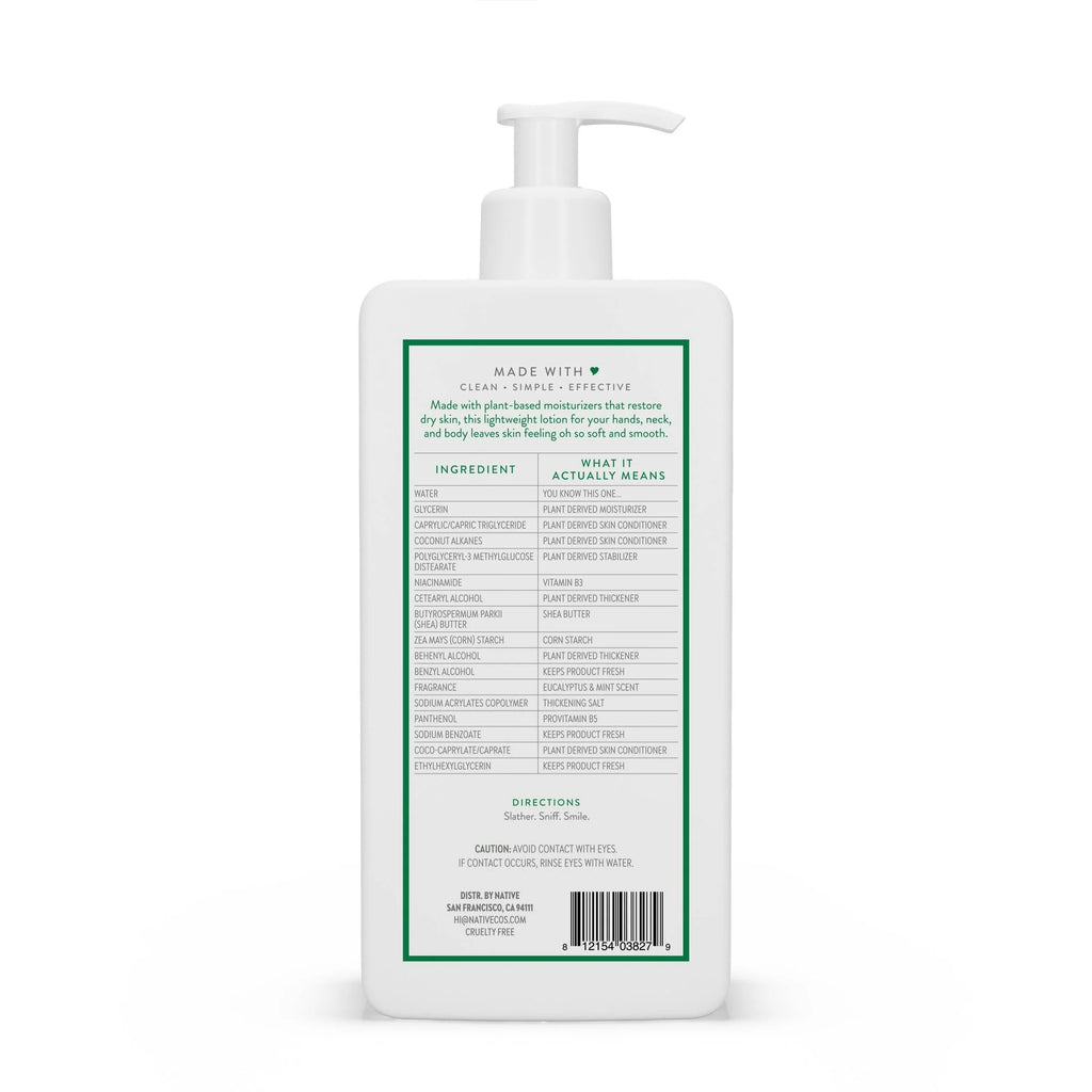 Native Moisturizing Hand & Body Lotion, Eucalyptus & Mint, Paraben Free, for Women and Men, 16.5 Fl Oz