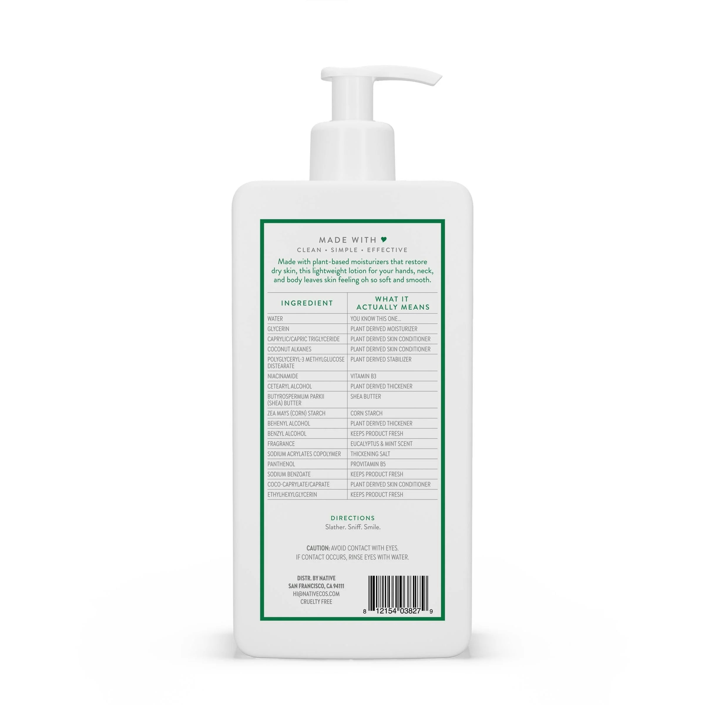 Native Moisturizing Hand & Body Lotion, Eucalyptus & Mint, Paraben Free, for Women and Men, 16.5 Fl Oz