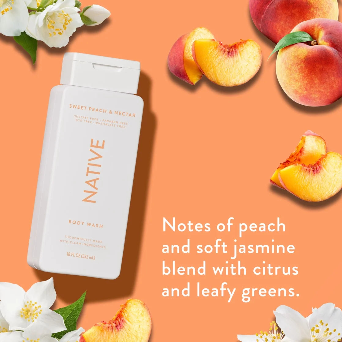 Native Body Wash, Sulfate Free, Sweet Peach & Nectar, for Women and Men, 18 Oz