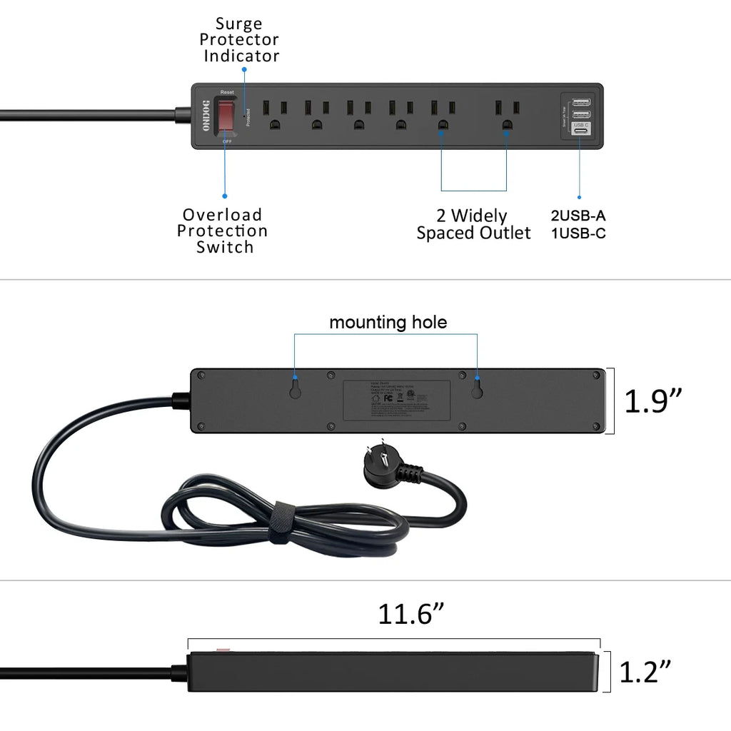 6 Ft Extension Cord Power Strip - 6 AC Outlets and 3 USB Ports Surge Protector(2