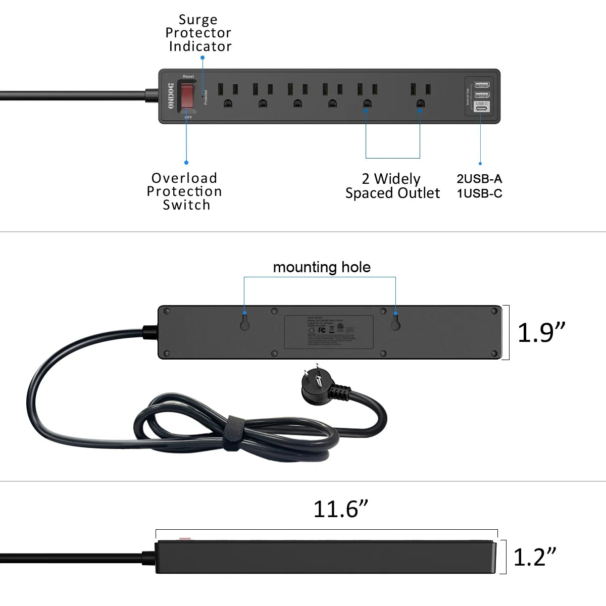 6 Ft Extension Cord Power Strip - 6 AC Outlets and 3 USB Ports Surge Protector(2