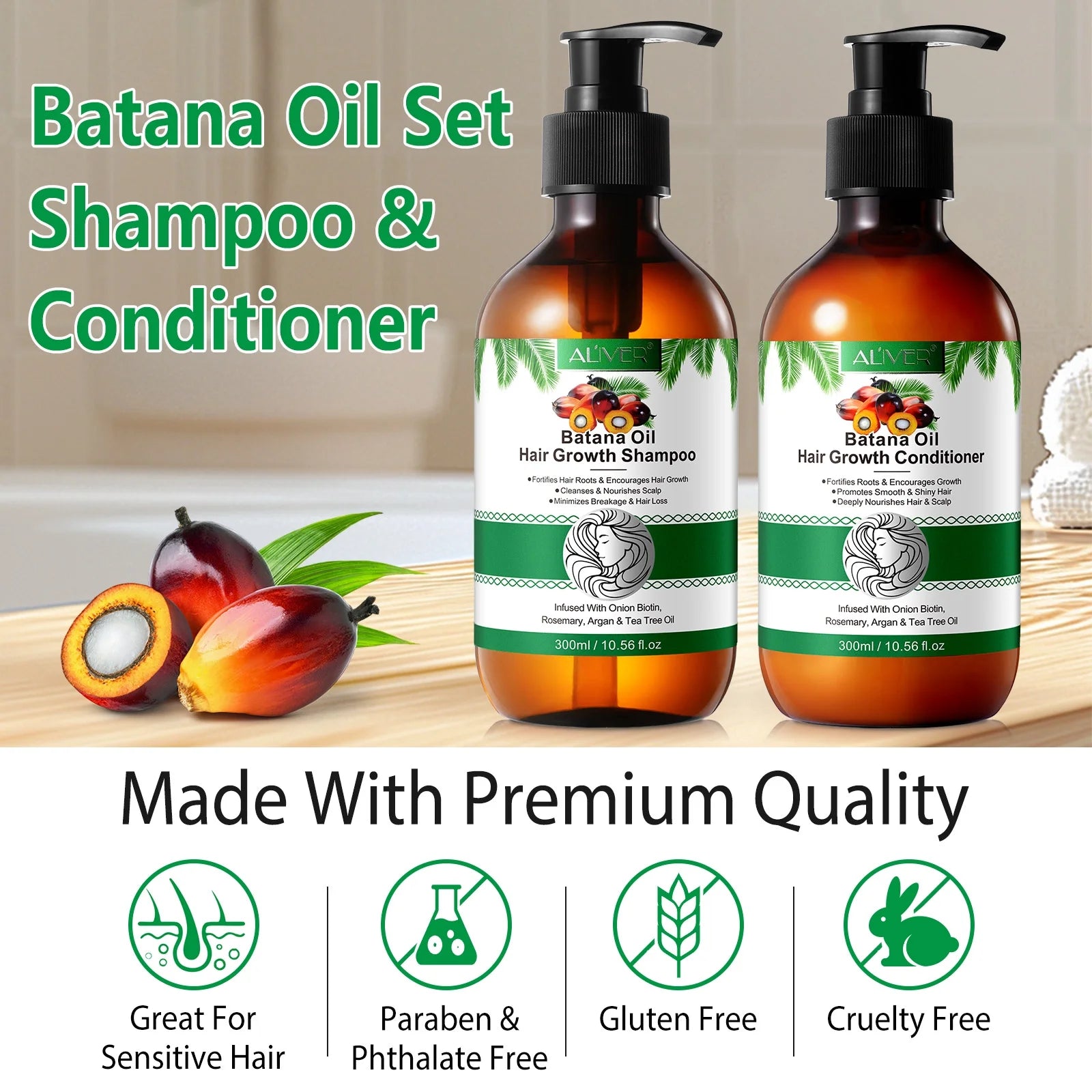 Aliver Batana Shampoo and Conditioner Set | Reduce Breakage Deep Moisturizing for Men & Women 10.56 Fl.Oz X2