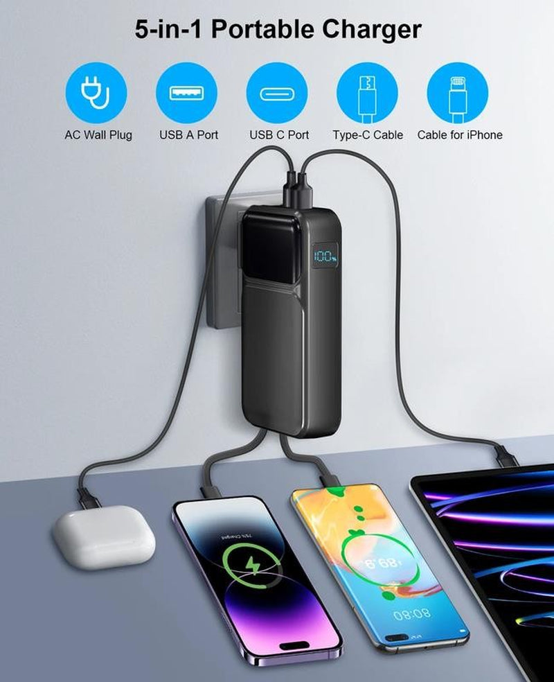 38800Mah Portable Charger Power Bank with Built-In Cable and AC Wall Plug,22.5W