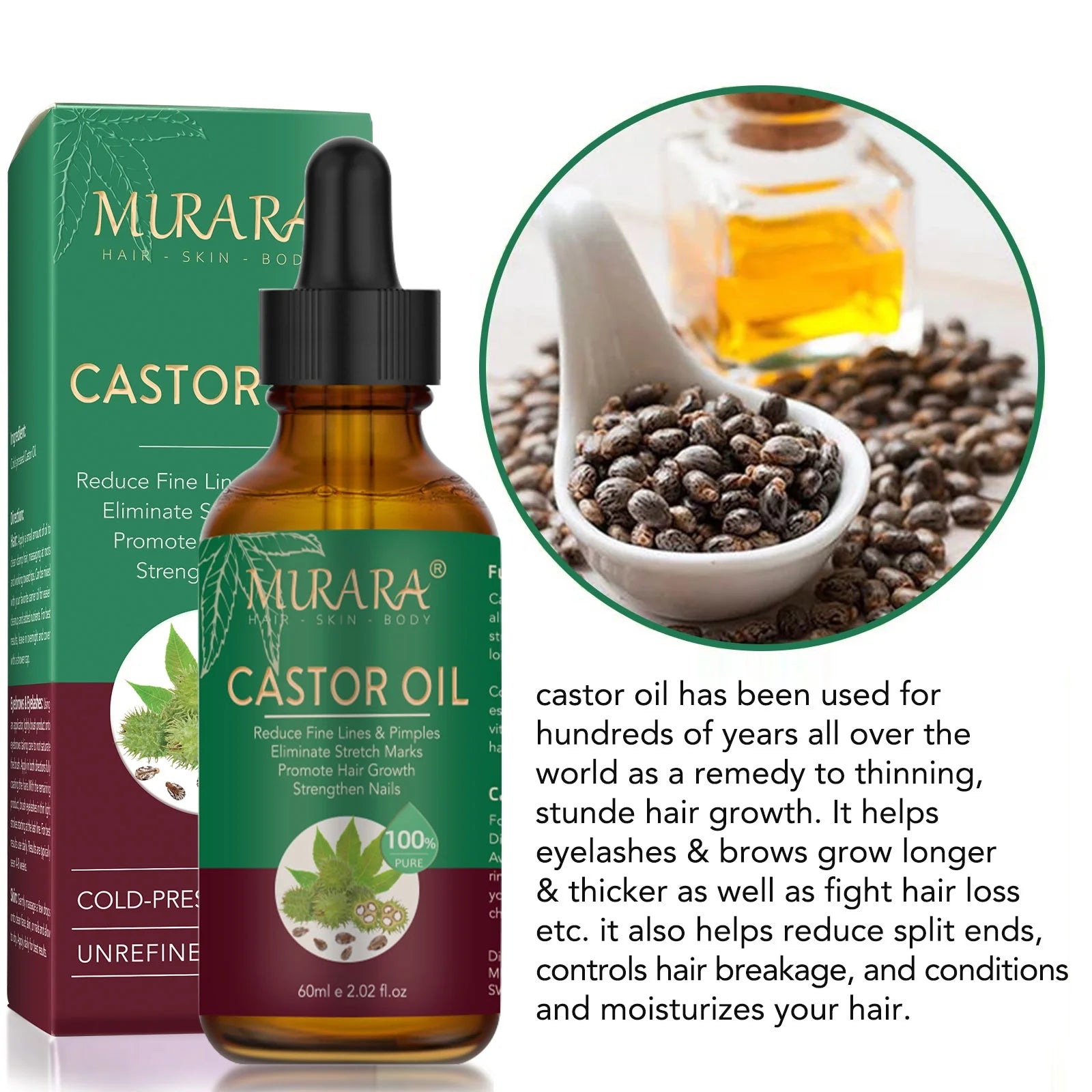 Murara Organic Castor Oil for Hair Care,Fade Fine Lines and Wrinkles, Pure Cold Pressed Castor Oil for Hair,Eyelashs,Eyebrows,Face and Skin Care
