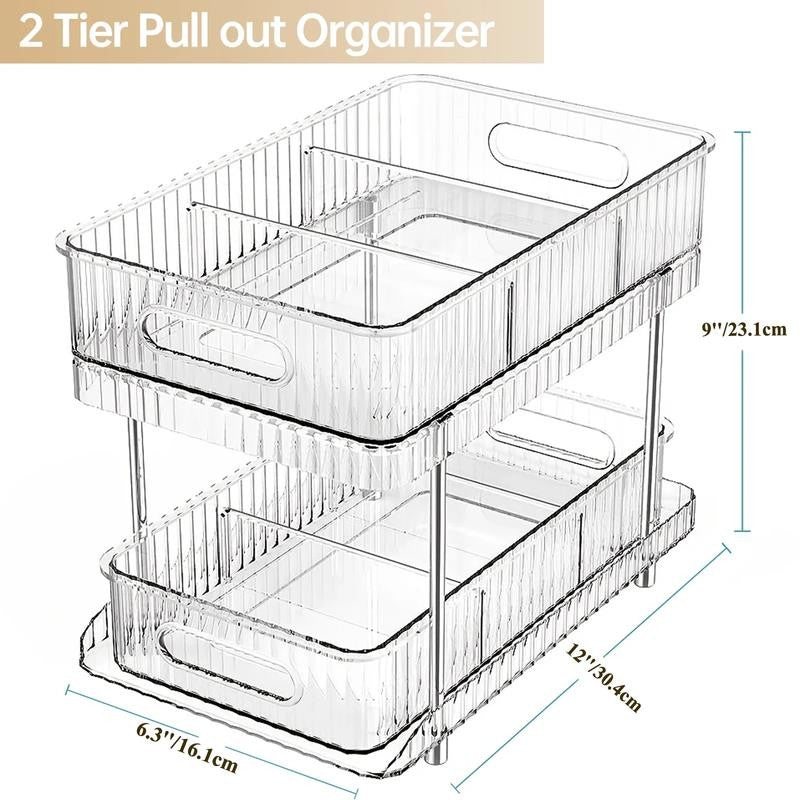 2 Pack Pull Out Bathroom Cabinet under Sink Organizers and Storage, 2 Tier Clear