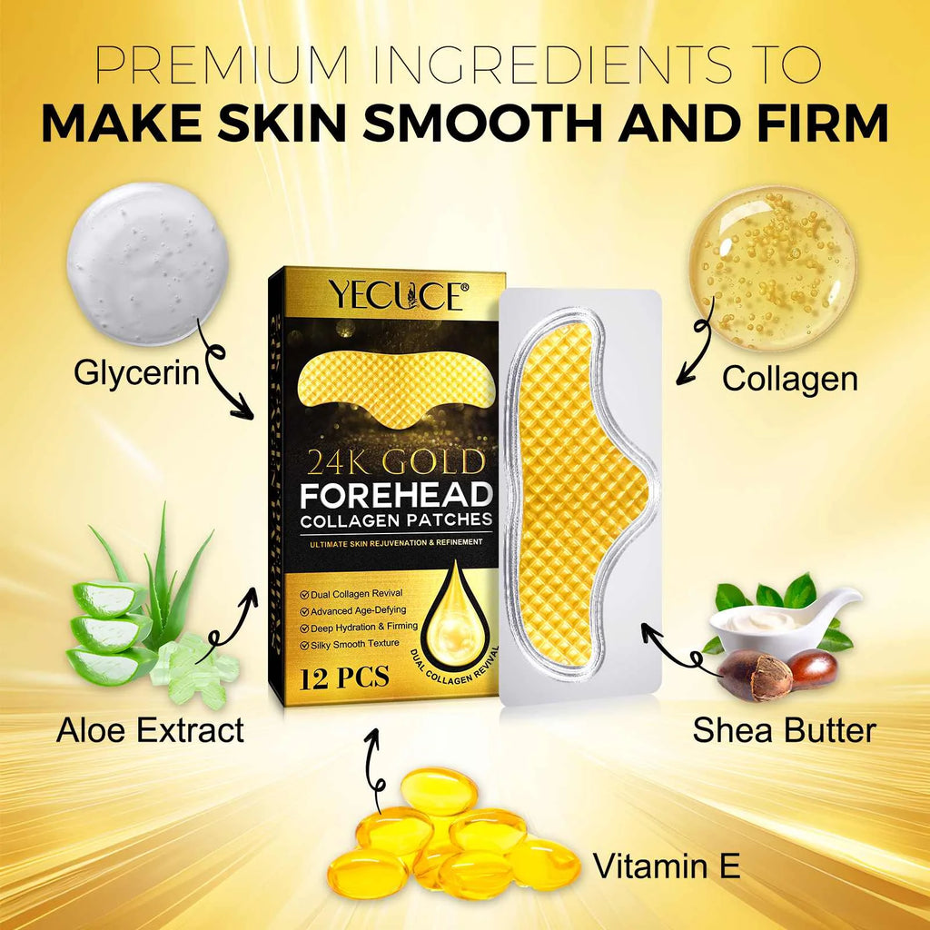 24K Forehead Wrinkle Patches, Collagen Lines Mask with Collagen Boosting Elasticity for Women and Men,12Pcs
