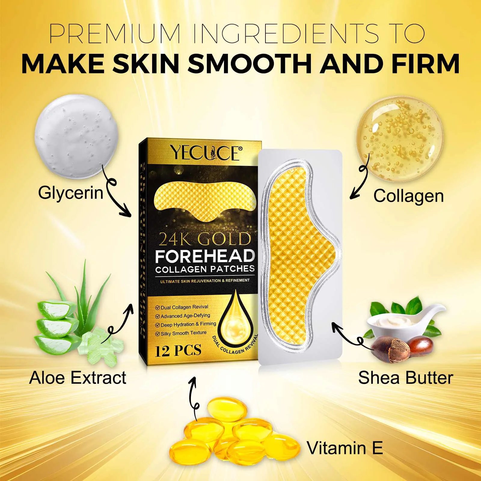 24K Forehead Wrinkle Patches, Collagen Lines Mask with Collagen Boosting Elasticity for Women and Men,12Pcs