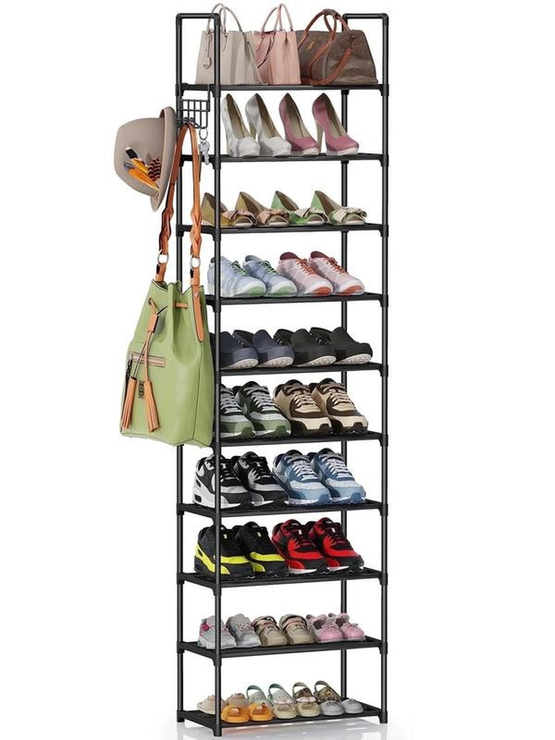 10 Tier Metal Shoes Rack, Narrow Stackable Shoes Shelf with Hooks, Shoe Tower F