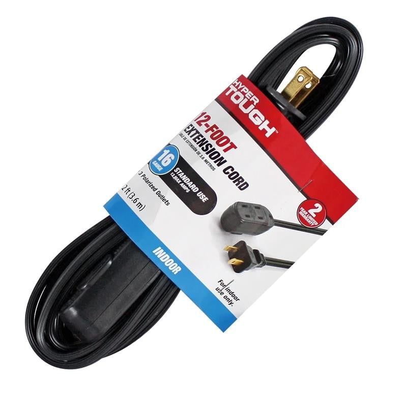 12FT 16AWG 2 Prong Black Indoor Household Extension Cord, 125V, 13A